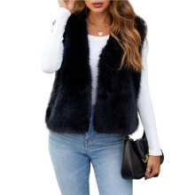 Dames Imitatiebont Vest, Mouwloos, Open Voorkant, Winter Warm, Kort, Pluizig Vest, Jas Zwart XL