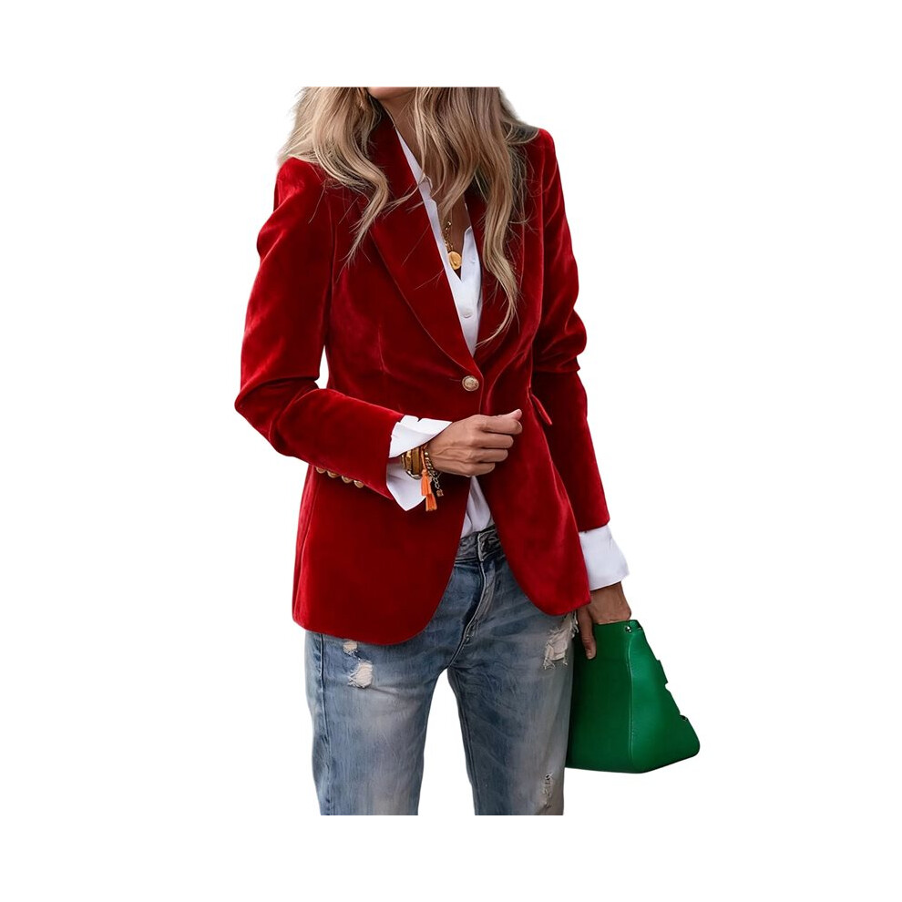 Damesblazer Van Fluweel Met ÉéN Knoop, Elegante Kantoorjas Met Nepzakken En Revers Voor Formele Gelegenheden Rood Xxl-image