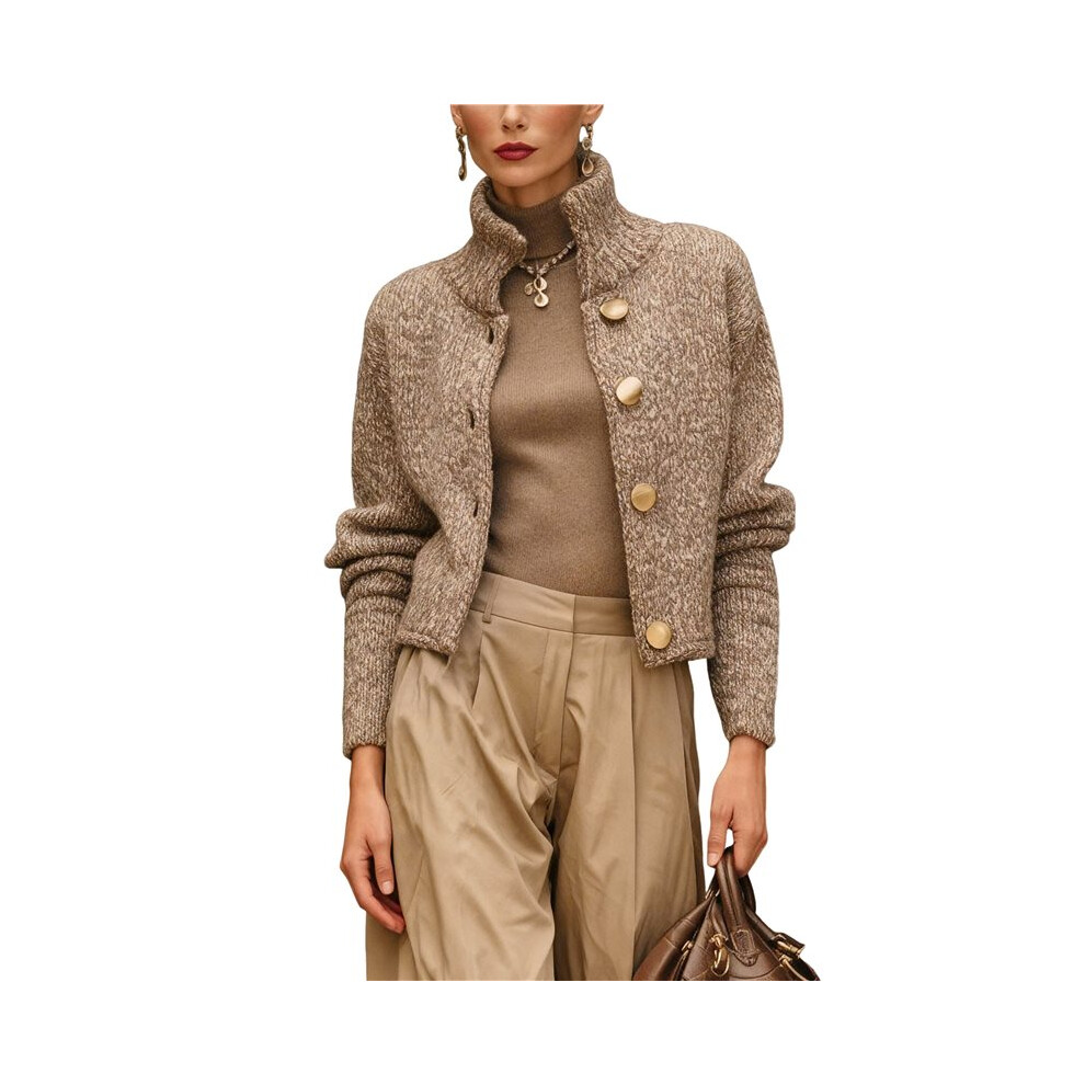 Maglioni Da Donna In Maglia Grossa Con Bottoni, Collo Alto E Giacca Aperta Sul Davanti Colore Cammello M-image