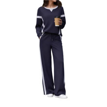Female 2 Piece Lounge Set Tracksuit Color Block Pullover Wide Leg Pants Sweatsuit Matching Navy S