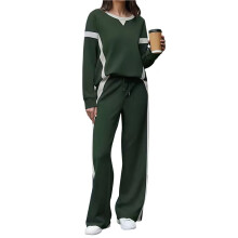 Female 2 Piece Lounge Set Tracksuit Color Block Pullover Wide Leg Pants Sweatsuit Matching Dark Green XL