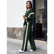 Damen 2-Teiliges Lounge-Set: Trainingsanzug, Farblich Abgesetzter Pullover, Weite Hose, Passende Jogginghose Dunkelgrün XL
