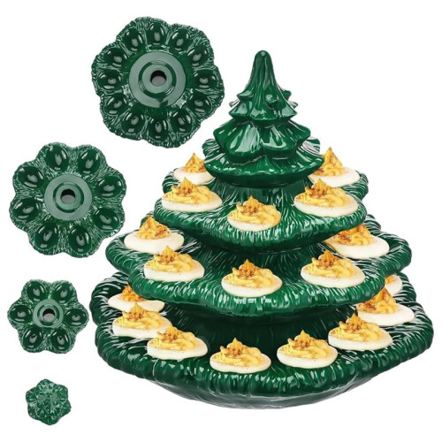 Deviled Egg Christmas Tree, Ceramic Christmas Tree Deviled Egg Platter, Reusable Holiday Deviled Oval Tray with Lid 1