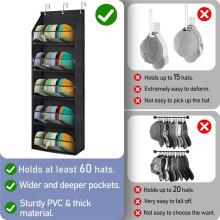 Baseball Cap Organizer - 5 Tier Hat Rack for Door - Wall Mounted Hat Holder, Clear Deep Pockets, Holds 60+ Caps, 3 Hooks