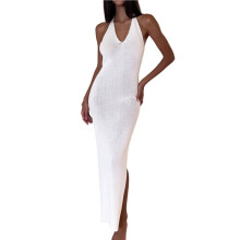 Vestito Lungo Aderente In Maglia da Donna, Senza Maniche, Estivo Bianco S