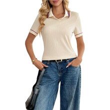 Locker Geschnittenes Damen-Golfshirt mit Streifenmuster und Reverskragen, Kurzarm-Sommerpullover, Stretch-Freizeitbluse Aprikosenfarbe XL