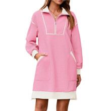 Abito Felpa Oversize da Donna con Mezza Cerniera, Scollo A V, Maniche Lunghe,  Abiti Casual Autunnali A Contrasto Rosa XL