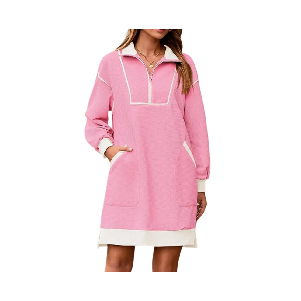 Abito Felpa Oversize Da Donna Con Mezza Cerniera, Scollo A V, Maniche Lunghe, Abiti Casual Autunnali A Contrasto Rosa Xxl