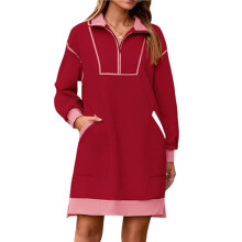 Abito Felpa Oversize da Donna con Mezza Cerniera, Scollo A V, Maniche Lunghe,  Abiti Casual Autunnali A Contrasto Rosso M