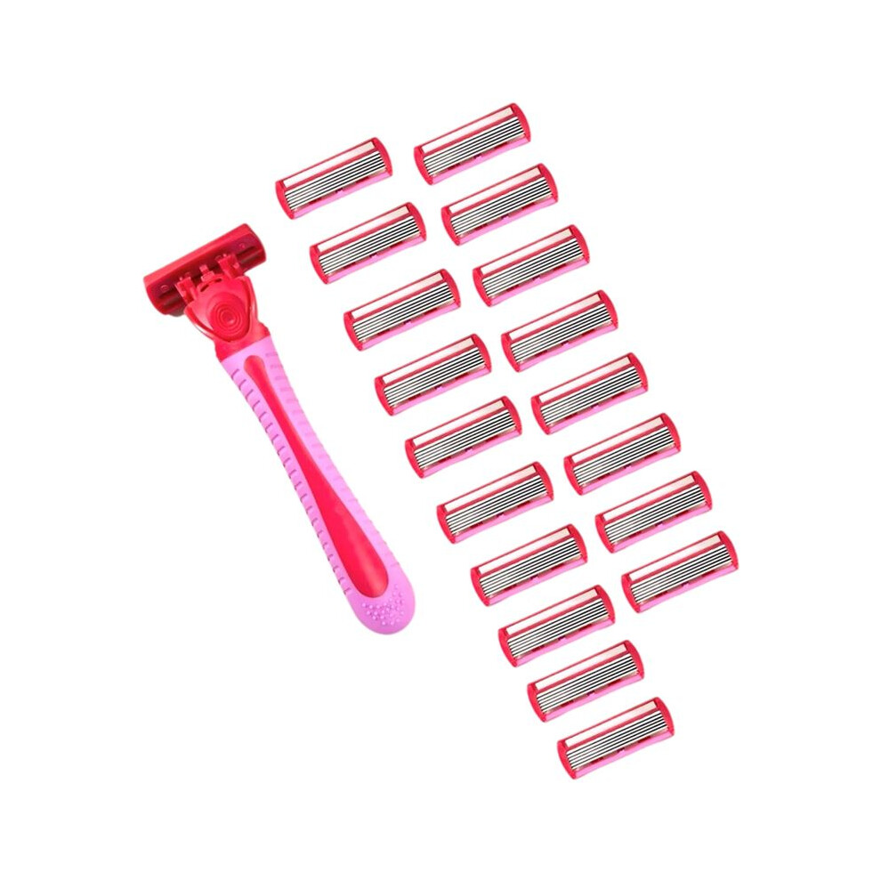 Red 1 Handle + 18 Blades/Women Manual 6-Layer Stainless Steel Hair Removal Shaving Blades Replaceable Shaver