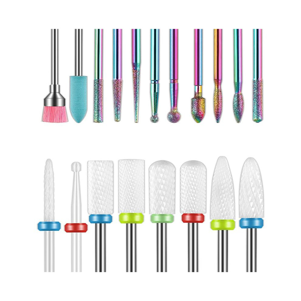 19pcs Nail Drill Bits Sets, 3/32 Inch Diamond Cuticle Electric Nail File and Ceramic Acrylic Gel Nail Bit Kit, Acrylic