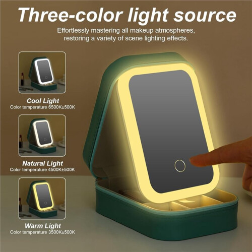 Small Travel LED Makeup Mirror Case with 3 Adjustable Color Light Settings,  Cosmetic Train Case Green