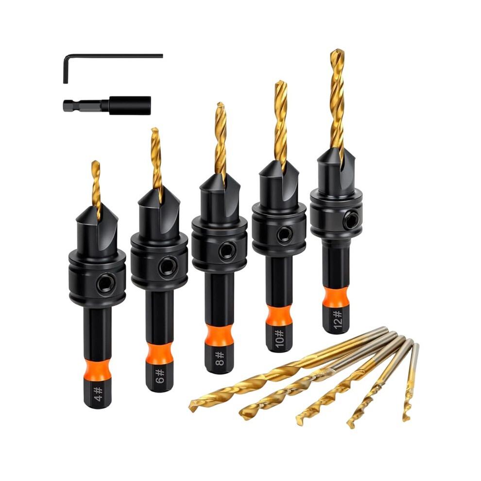 Countersink Drill Bit Set For Wood, 12Pcs With Titanium Coated Hex Shank, Adjustable Depth 6032940025632
