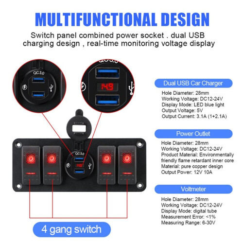 LED Digital Voltmeter 12-24V Circuit Control Car  Panel Dual USB Port Outlet Combination 1