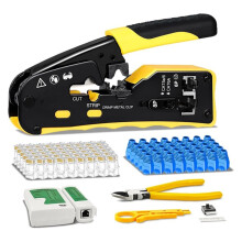 RJ45 Crimp Tool Through Grade Ethernet Crimper Ratcheting Modular Data Cable Crimper for Cat5 Cat6 Cat6a Network Plugs