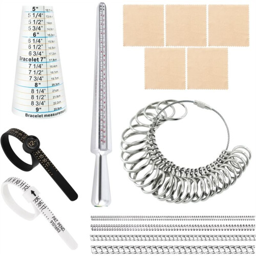14Pcs Ring Sizer Measuring Tool Kit, RingSizing Mandrel, Ring Sizes Belt, Wiping Cloth, Ring Size Adjuster, Etc.
