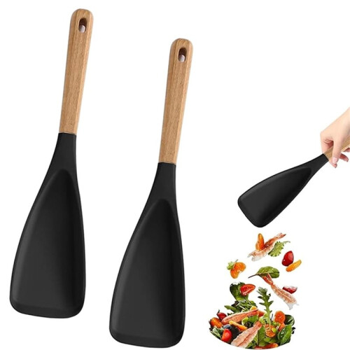 Silicone Spatula Cooking Spoon - Multifunctional Kitchen Tool for Mixing, Scooping, and Serving (Black-2PC) 1