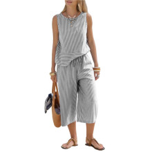 Women'S Summer 2 Piece Outfits Striped Sleeveless Top and Cropped Wide Leg Pants Sets Pockets Black Stripes L