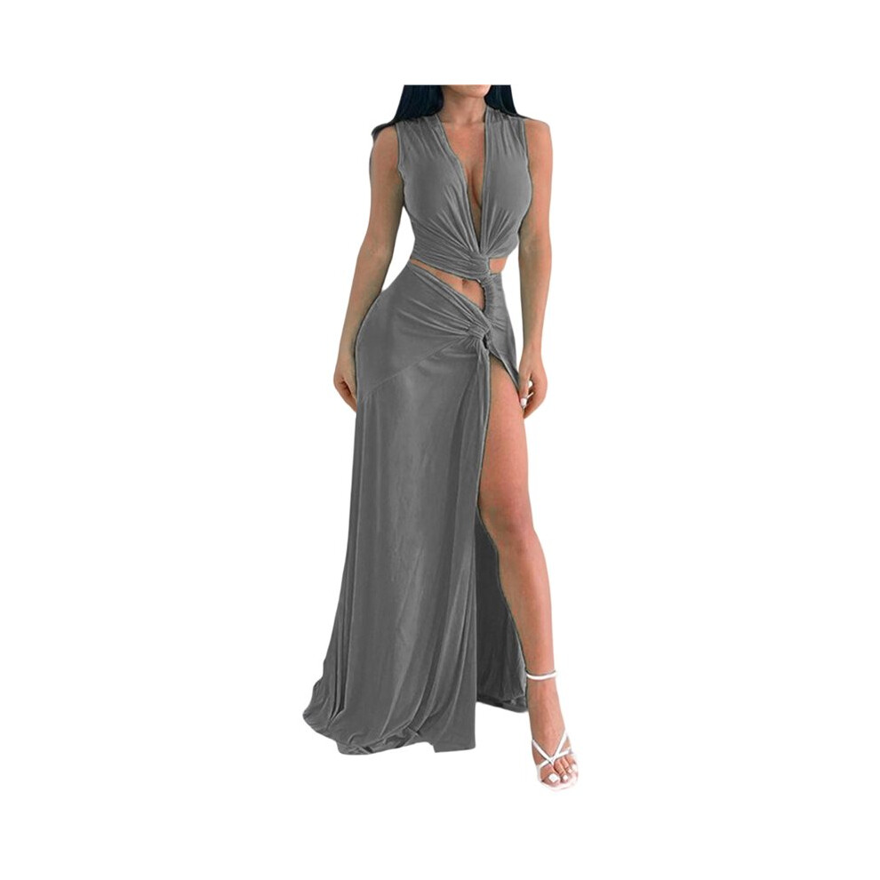 Abito Estivo Chic Da Donna Con Scollo A V, Senza Maniche, Asimmetrico, Con Spacchi E Nodo Grigio Xxxl