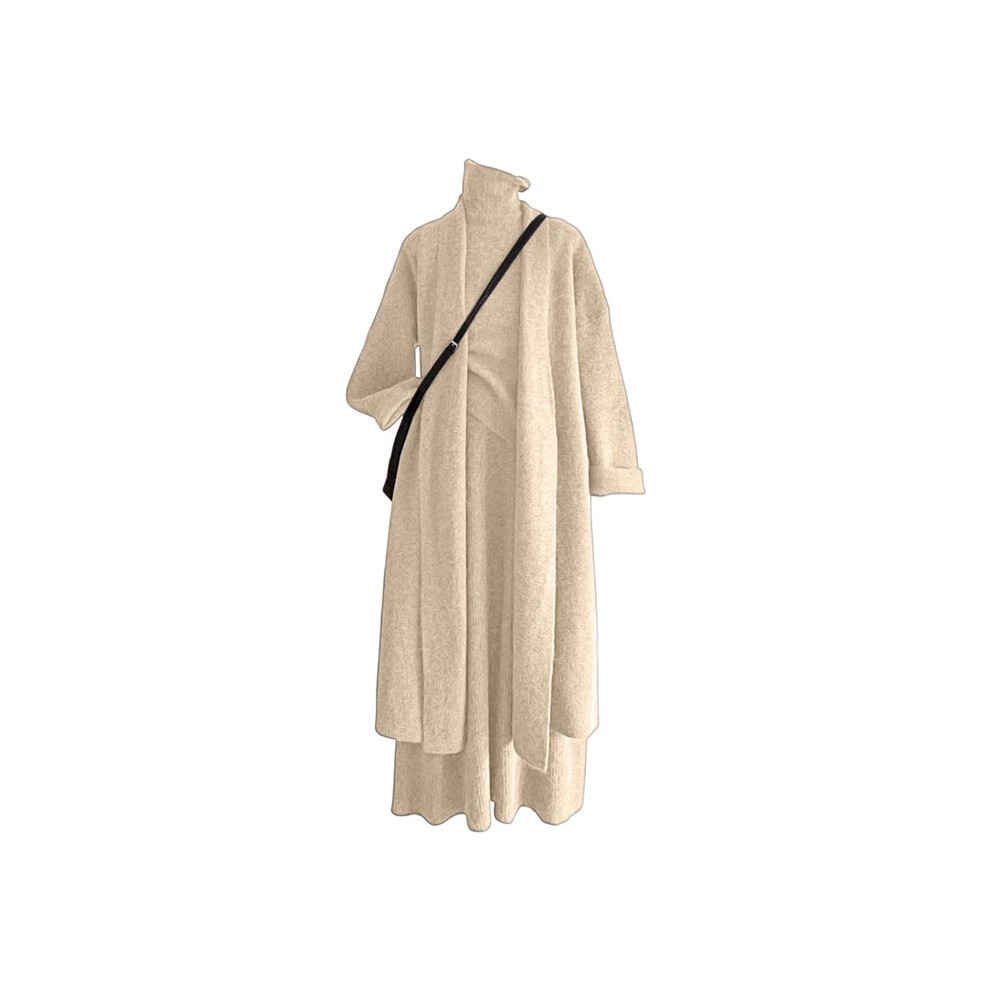 Elegante Completo Da Donna In Maglia Composto Da 3 Pezzi, Cardigan A Maniche Lunghe, Canotta Senza Maniche E Pantaloni A Gamba Larga Colore Albicocca-image