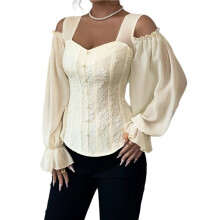 Women'S Long Sleeve Renaissance Corset Tops, Overbust Bustier Lace Top with Belt for Going Out Apricot Color M