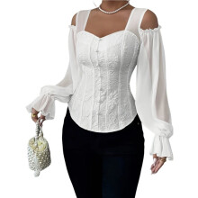 Tops de Corsé Renacentista de Manga Larga para Mujer, Top de Encaje con Corpiño y Cinturón para Salir  XL