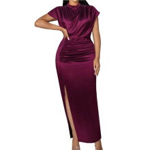 Vestido Largo de Satén con Abertura Alta para Mujer: Elegante Vestido Formal con Cuello Alto y Mangas Cortas Vino Tinto S