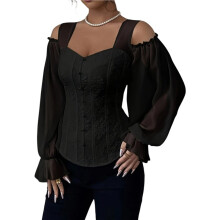 Women'S Long Sleeve Renaissance Corset Tops, Overbust Bustier Lace Top with Belt for Going Out Black M