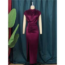 Women'S Satin High Slit Maxi Dress - Elegant Mock Neck Cap Sleeve Formal Attire Wine Red XL