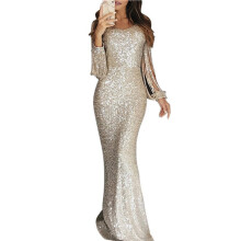 Women Sequin Formal Evening Party Dress Sweatheart Bodycon Long Sleeve Maxi Gown Silver S