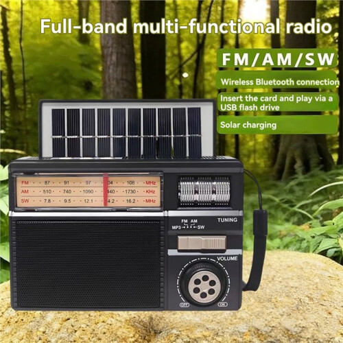 Retro All-Band Radio with Wireless Audio Connectivity Solar Multi-Mode Charging Long-Lasting Battery Multiple  Mode 1