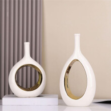 White and Gold Vase Ceramic White Vases Home Decor,Modern Minimalist Circle with Hole Decorative Vase