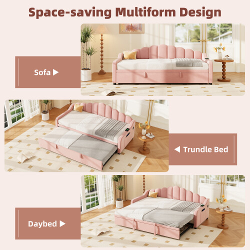3ft Single Daybed with Pull-out Trundle Velvet Upholstered Sofa Bed 2