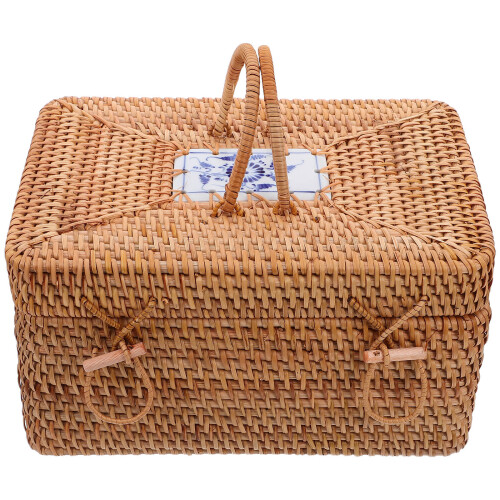 Handwoven Rattan Outdoor Storage Box with Handle and Lid