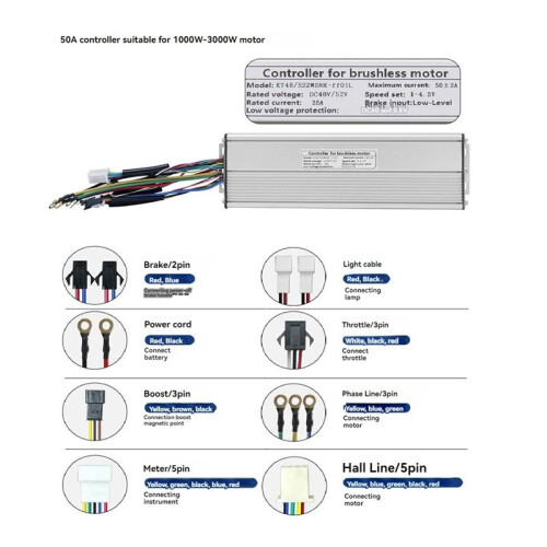 Electric Bike Controller 50A 48V/52V 18 Tube Ebike Square Wave Controller for Ebike Motor Conversion for KT LCD Display 1