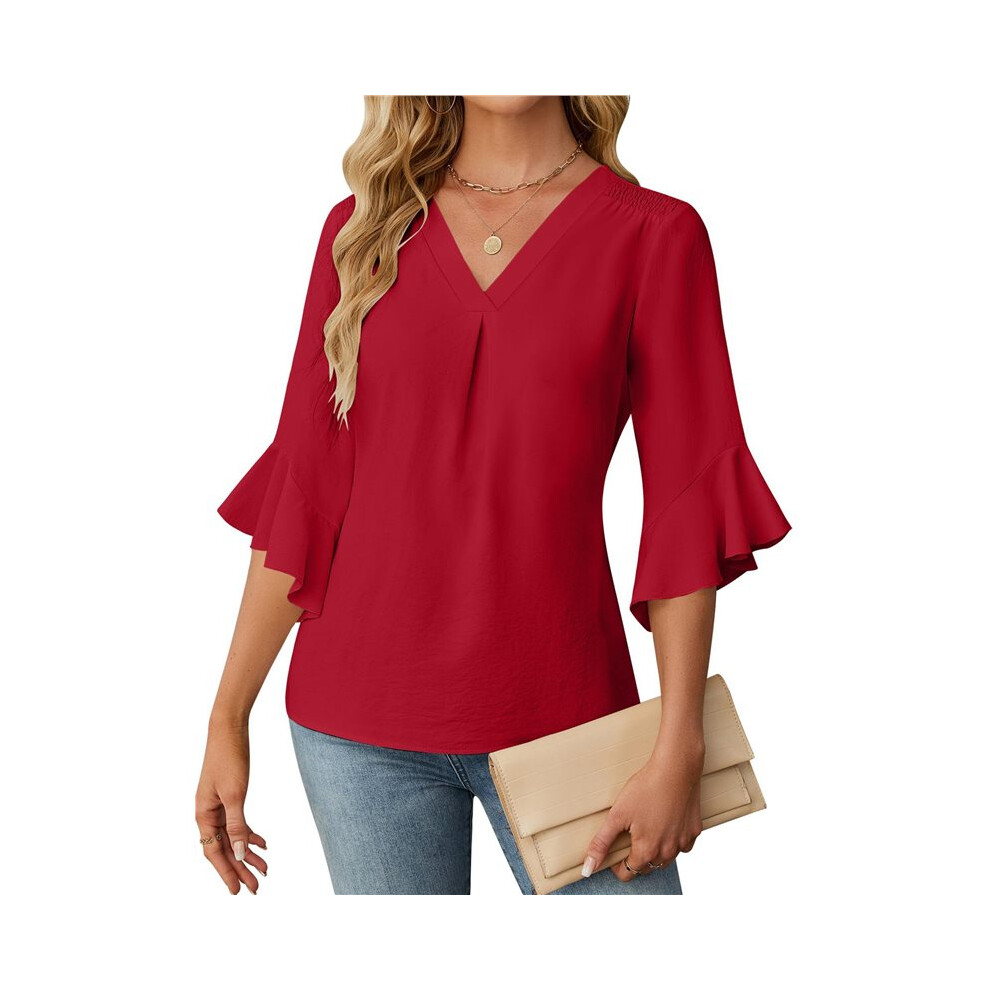 Top Da Donna Con Maniche A 3/4, Camicette Estive Eleganti E Casual, Camicie Da Lavoro, Abiti In Chiffon Con Scollo A V Rosso Xl