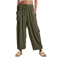 Womens High Waist Wide Leg Pants Loose Fit Casual Linen Blend Trousers Comfort Army Green L