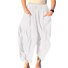 Womens High Waist Wide Leg Pants Loose Fit Casual Linen Blend Trousers Comfort White XXXL
