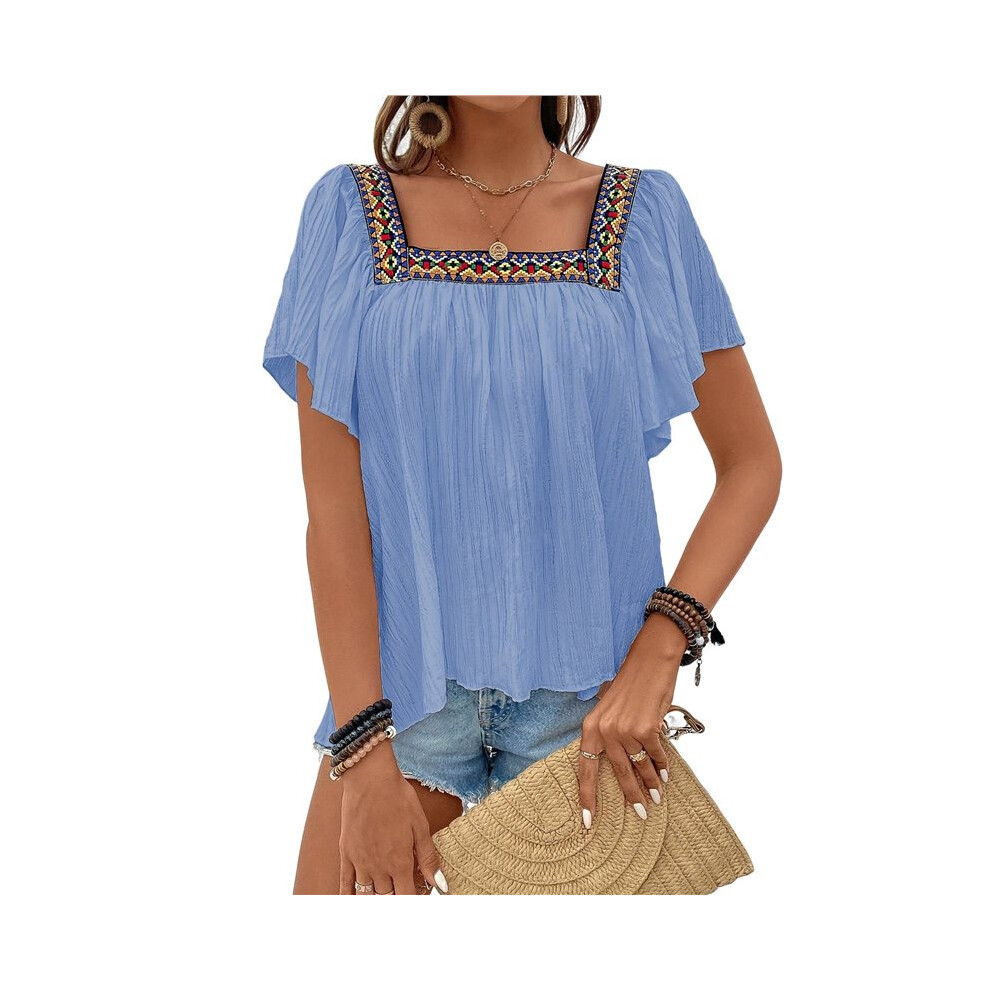 Camice Messicane Da Donna, Camicette Corte Con Maniche A Farfalla, Scollo Quadrato, T-Shirt Contadine, Ricamate In Stile Boho. Blu L