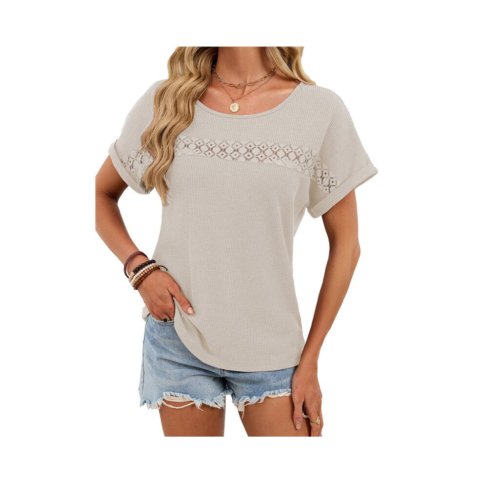 Top Estivi Da Donna In Pizzo, Maniche Corte, Scollo Tondo, Camicetta Casual, Vestibilità Ampia Albicocca L