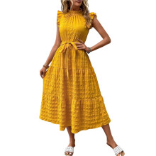 Women Summer Casual Midi Maxi Dresses Short Sleeve Yellow XL
