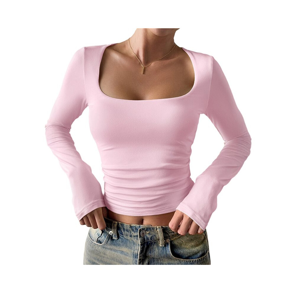 Magliette Da Donna A Maniche Lunghe, Scollo Tondo, VestibilitÃ Attillata, Top Basic Per Uscire Rosa Xl
