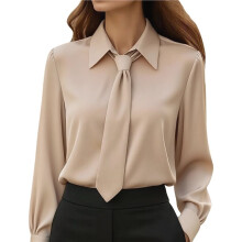 Womens Solid Color Casual Tie Long Sleeve French Shirt Elegant Office Blouse Khaki M