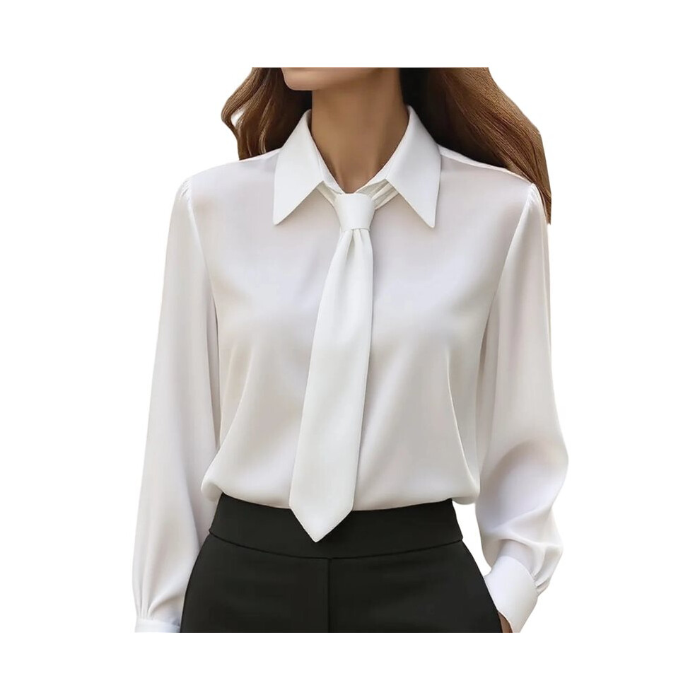 Camicia Elegante Da Ufficio A Maniche Lunghe Con Cravatta Casual Da Donna, Tinta Unita Bianco Xl