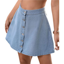 Womens Washed Denim Button Front Short Flared Skirt A Skirt Casual High Waist Light M