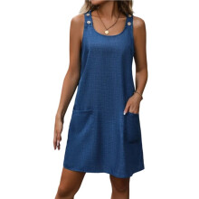 Abito Estivo Casual Chic da Donna con Scollo Rotondo e Maniche Abbottonate Blu M
