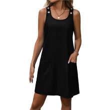 Vestido Feminino Casual Chique com Gola Redonda, Sem Mangas e com Botões, Ideal para o Dia A Dia no Verão. Preto S