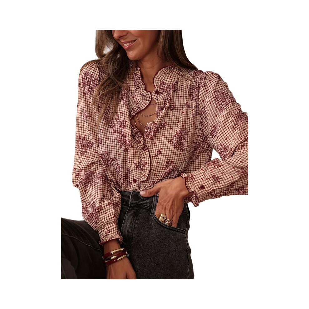 Camicia Casual Da Lavoro A Quadri A Quadretti Con Scollo A V E Volant A Quadri Da Donna Colore Del Fiore M