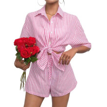Conjunto Feminino Casual de Calça e Blusa Listradas de Manga Curta com Gola, Duas Peças, para Usar em Casa no Verão. Conjunto Rosa XL