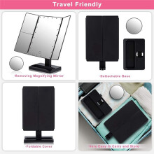 Espejo de Maquillaje Triple con 22 Luces LED, Aumento de 10X / 3X / 2X Espejo CosméTico PortáTil de Escritorio con Mesa Iluminada y Plegable, Negro